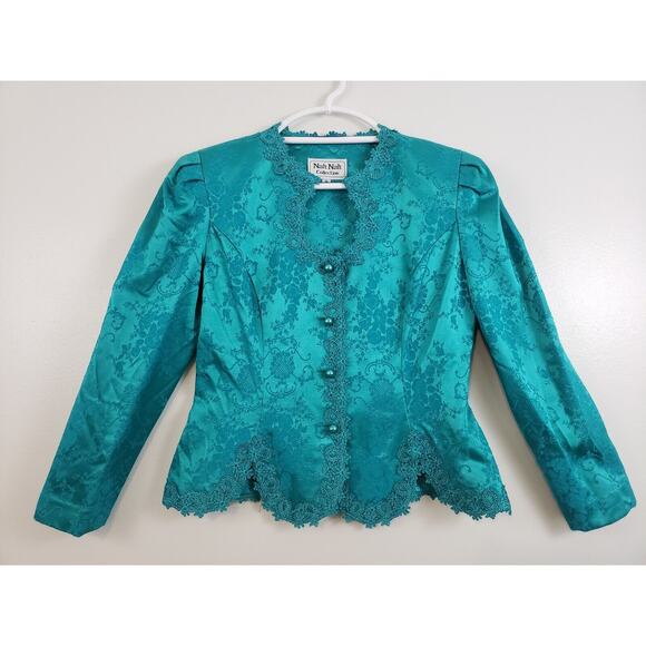 N4) VTG Nah Nah Collection Womens Suit Skirt Set Size 8 Padded Blazer Green USA - Picture 3 of 16